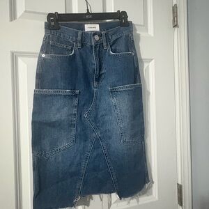 Frame Denim Dark Blue Midi Skirt with Frayed Edge